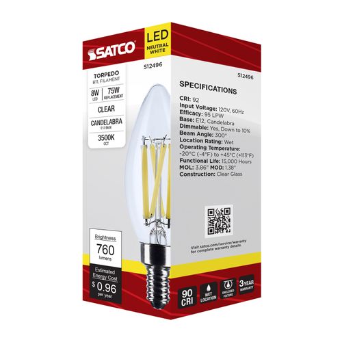 Main product image of 8W B11 LED, Candelabra Base, Candle-Tip, Clear, 3500K CCT, 120V (6 Pack)