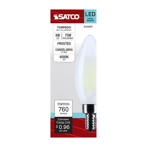 Main product image of 8W B11 LED, Candelabra Base, Candle-Tip, Frost Finish, 4000K CCT, 120V (6 Pack)