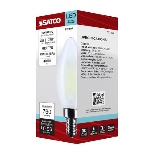 Main product image of 8W B11 LED, Candelabra Base, Candle-Tip, Frost Finish, 4000K CCT, 120V (6 Pack)