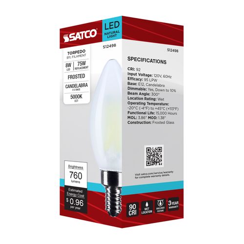 Main product image of 8W B11 LED, Candelabra Base, Candle-Tip, Frost Finish, 5000K CCT, 120V (6 Pack)