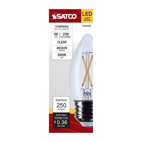 Main product image of 3W B11 LED, Medium Base, Clear, 3000K CCT, 120V (6 Pack)