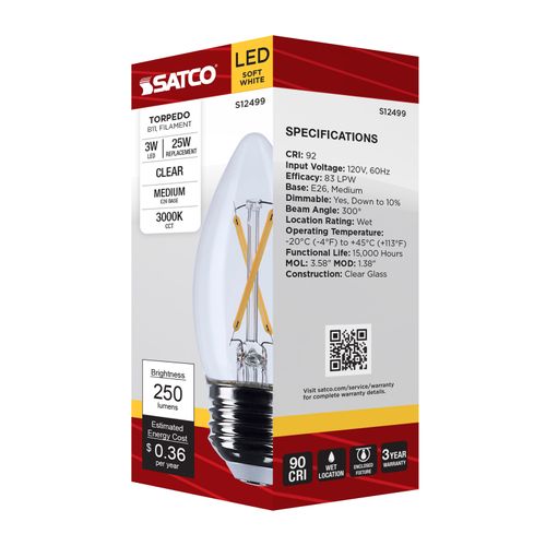 Main product image of 3W B11 LED, Medium Base, Clear, 3000K CCT, 120V (6 Pack)
