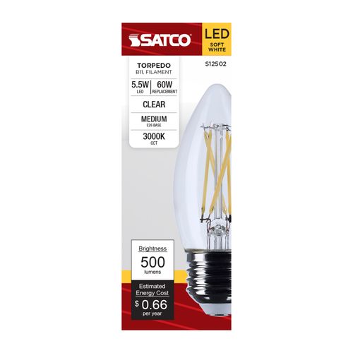 Main product image of 5.5W B11 LED, Medium Base, Clear, 3000K CCT, 120V (6 Pack)