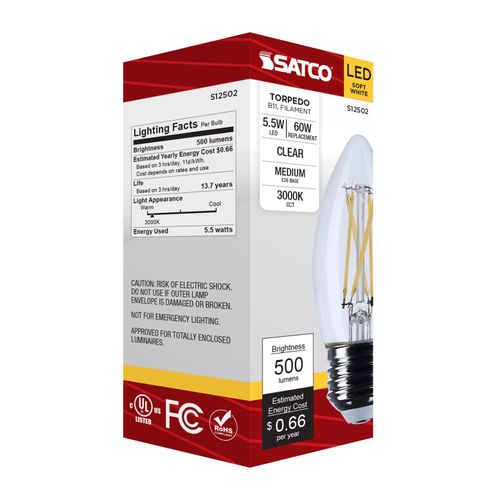 Main product image of 5.5W B11 LED, Medium Base, Clear, 3000K CCT, 120V (6 Pack)