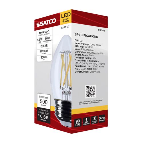 Main product image of 5.5W B11 LED, Medium Base, Clear, 3000K CCT, 120V (6 Pack)
