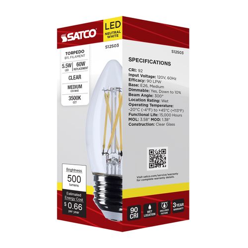 Main product image of 5.5W B11 LED, Medium Base, Clear, 3500K CCT, 120V (6 Pack)