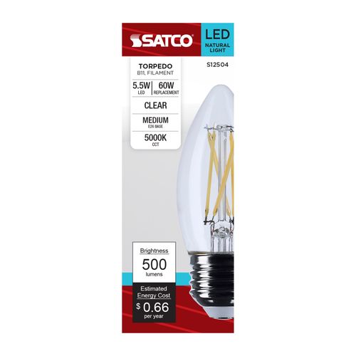 Main product image of 5.5W B11 LED, Medium Base, Clear, 5000K CCT, 120V (6 Pack)
