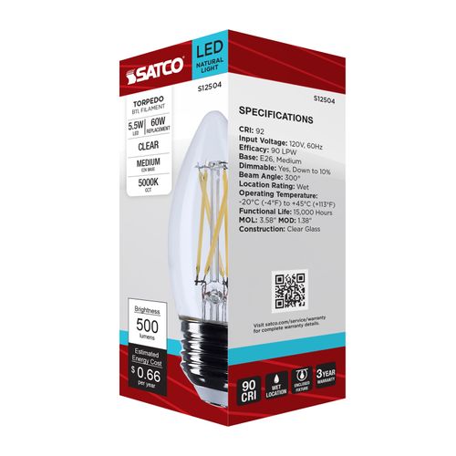 Main product image of 5.5W B11 LED, Medium Base, Clear, 5000K CCT, 120V (6 Pack)