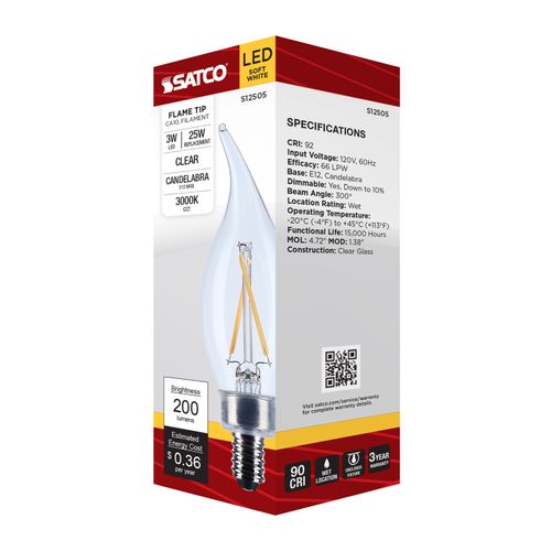 Main product image of 3W CA10 LED, Candelabra Base, Clear, 3000K CCT, 120V (6 Pack)