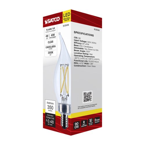 Main product image of 4W CA10 LED, Candelabra Base, Clear, 3500K CCT, 120V (6 Pack)