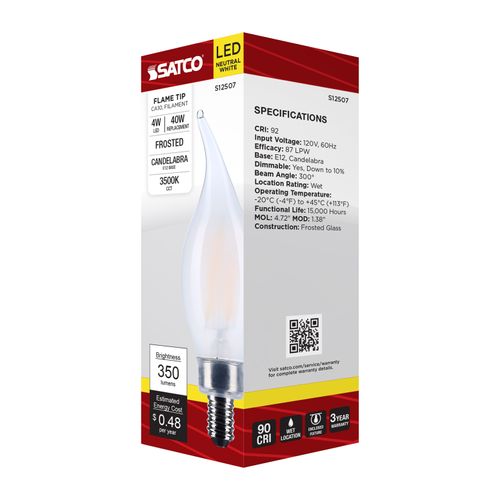 Main product image of 4W CA10 LED, Candelabra Base, Frost Finish, 3500K CCT, 120V (6 Pack)