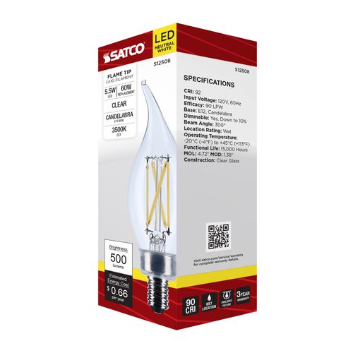 Main product image of 5.5W CA10 LED, Candelabra Base, Clear, 3500K CCT, 120V (6 Pack)