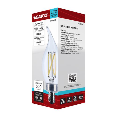 Main product image of 5.5W CA10 LED, Candelabra Base, Clear, 5000K CCT, 120V (6 Pack)