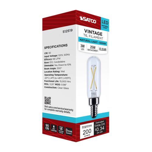 Main product image of 2.8W T6 LED, Candelabra Base, Clear, 5000K CCT, 120V (6 Pack)