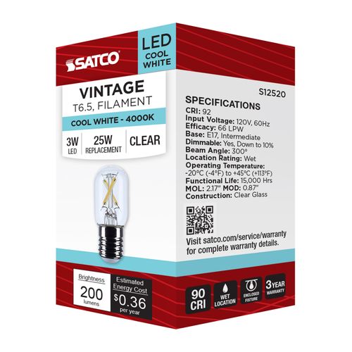 Main product image of 3W T6.5 LED, Intermediate Base, Clear, 4000K CCT, 120V (6 Pack)