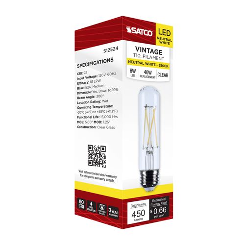 Main product image of 5.5W T10 LED, Medium Base, Clear, 3500K CCT, 120V (6 Pack)
