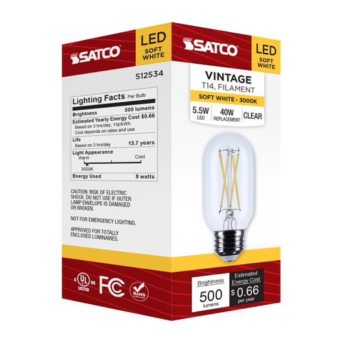 Main product image of 5.5W T14 LED, Medium Base, Clear, 3000K CCT, 120V (6 Pack)