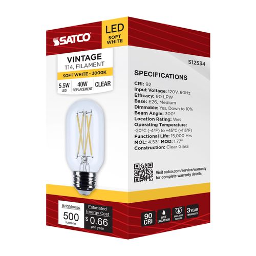 Main product image of 5.5W T14 LED, Medium Base, Clear, 3000K CCT, 120V (6 Pack)