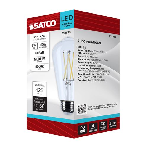 Main product image of 5W ST19 LED, Medium Base, Clear, 5000K CCT, 120V (6 Pack)