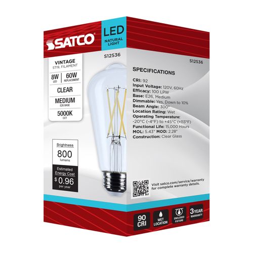 Main product image of 8W ST19 LED, Medium Base, Clear, 5000K CCT, 120V (6 Pack)