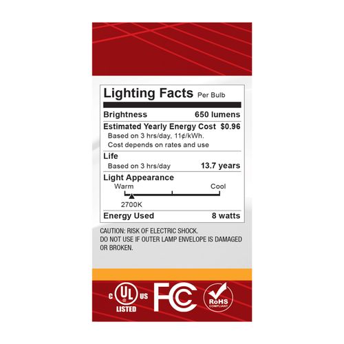 Main product image of 8W A19 LED, Medium Base, 2700K CCT, Silver Crown, 60W Replacement (6 Pack)