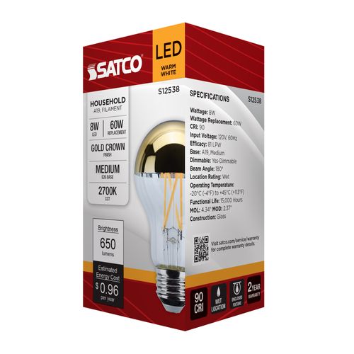 Main product image of 8W A19 LED, Medium Base, 2700K CCT, Gold Crown, 60W Replacement (6 Pack)