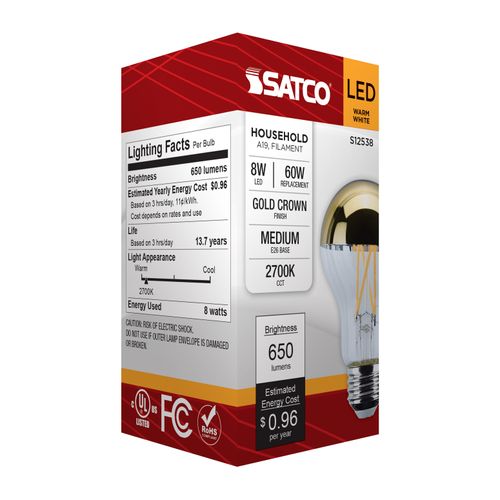 Main product image of 8W A19 LED, Medium Base, 2700K CCT, Gold Crown, 60W Replacement (6 Pack)