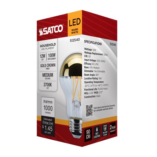 Main product image of 12W A19 LED, Medium Base, 2700K CCT, Gold Crown, 100W Replacement (6 Pack)