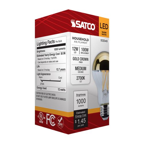 Main product image of 12W A19 LED, Medium Base, 2700K CCT, Gold Crown, 100W Replacement (6 Pack)