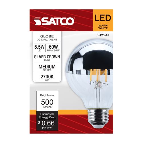 Main product image of 5.5W G25 LED, Medium Base, 2700K CCT, Silver Crown, 60W Replacement (6 Pack)