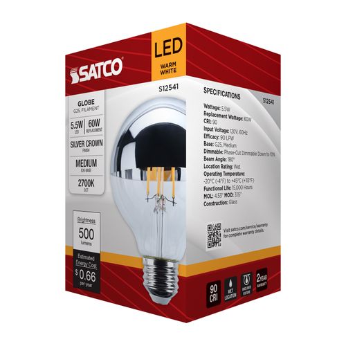 Main product image of 5.5W G25 LED, Medium Base, 2700K CCT, Silver Crown, 60W Replacement (6 Pack)