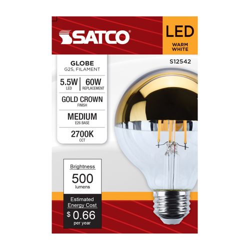 Main product image of 5.5W G25 LED, Medium Base, 2700K CCT, Gold Crown, 60W Replacement (6 Pack)