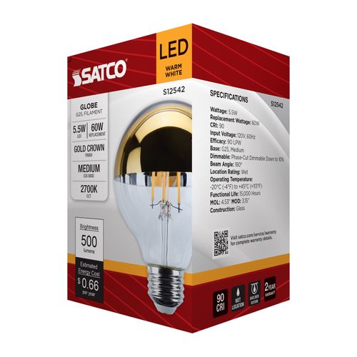 Main product image of 5.5W G25 LED, Medium Base, 2700K CCT, Gold Crown, 60W Replacement (6 Pack)