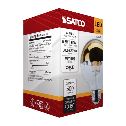 Main product image of 5.5W G25 LED, Medium Base, 2700K CCT, Gold Crown, 60W Replacement (6 Pack)