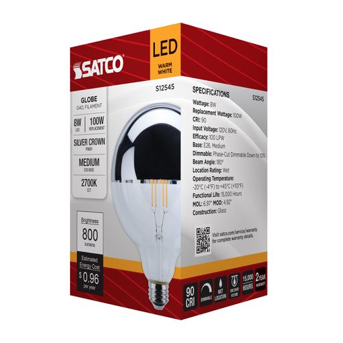 Main product image of 8W G40 LED, Medium Base, 2700K CCT, Silver Crown, 100W Replacement (6 Pack)