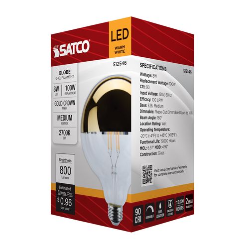 Main product image of 8W G40 LED, Medium Base, 2700K CCT, Gold Crown, 100W Replacement (6 Pack)