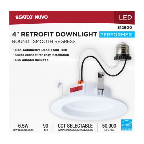 Main product image of 6W LED Downlight Retrofit, 4", CCT Selectable, Round, White Finish
