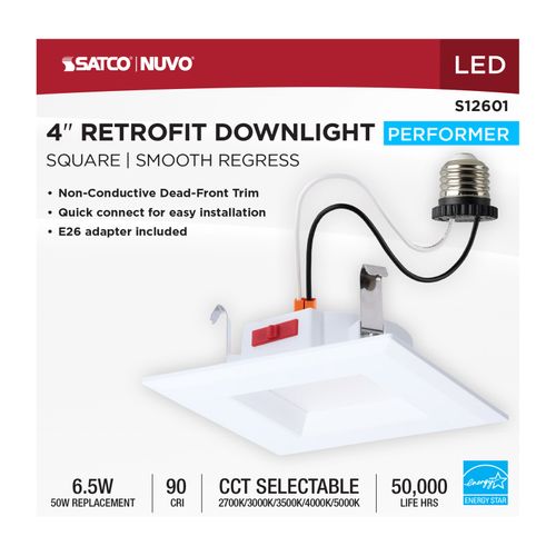 Main product image of 6W LED Downlight Retrofit, 4", CCT Selectable, Square, White Finish