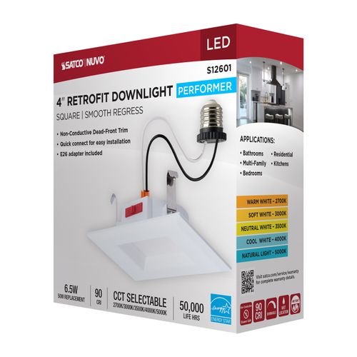 Main product image of 6W LED Downlight Retrofit, 4", CCT Selectable, Square, White Finish
