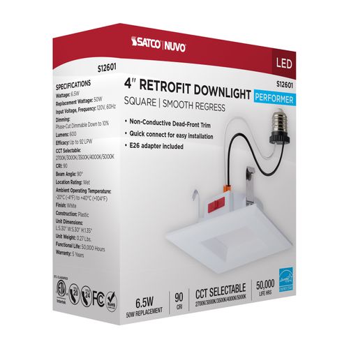 Main product image of 6W LED Downlight Retrofit, 4", CCT Selectable, Square, White Finish