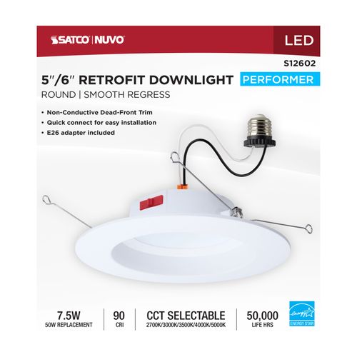 Main product image of 8W LED Downlight Retrofit, 5-6", CCT Selectable, Round, White Finish