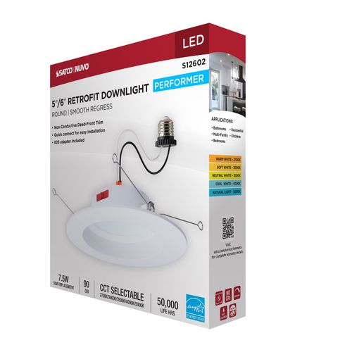 Main product image of 8W LED Downlight Retrofit, 5-6", CCT Selectable, Round, White Finish