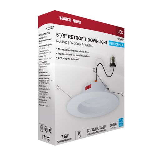Main product image of 8W LED Downlight Retrofit, 5-6", CCT Selectable, Round, White Finish