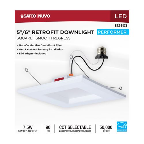 Main product image of 8W LED Downlight Retrofit, 5-6", CCT Selectable, Square, White Finish