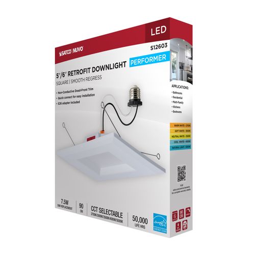 Main product image of 8W LED Downlight Retrofit, 5-6", CCT Selectable, Square, White Finish