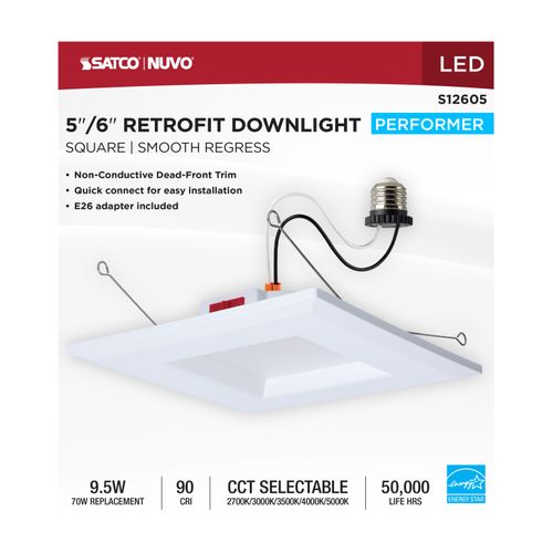 Main product image of 10W LED Downlight Retrofit, 5-6", CCT Selectable, Square, White Finish