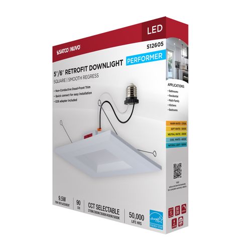 Main product image of 10W LED Downlight Retrofit, 5-6", CCT Selectable, Square, White Finish