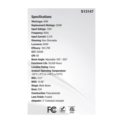 Main product image of 60W LED Multi-Beam Utility/Garage Lamp, 5000K Natural Light, White Finish, 120V