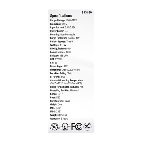 Main product image of 13.5W LED HID Replacement, ED17, 2200K, Medium Base, Clear, 120-277V