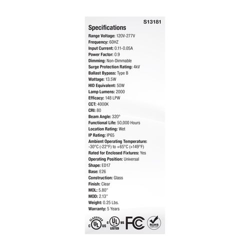 Main product image of 13.5W LED HID Replacement, ED17, 4000K, Medium Base, Clear, 120-277V